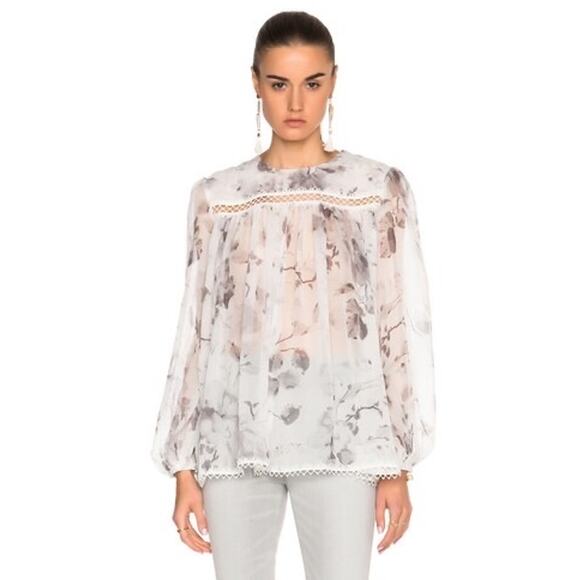 Zimmermann Tops - Zimmermann White Grey Floral Havoc Picot Silk Long Sleeve Blouse Size 3